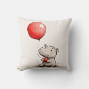 Sweet Baby Hippo with Red Balloon Cushion