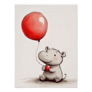 Sweet Baby Hippo with Red Balloon Poster