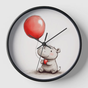 Sweet Baby Hippo with Red Balloon Wall Clock