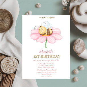 Sweet Baby Honey Bee Flower Striped Birthday Invitation