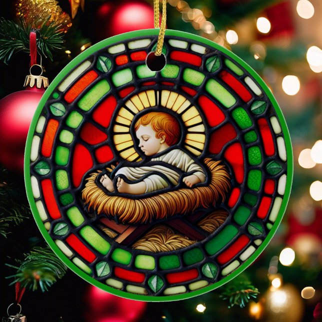 Sweet Baby Jesus Christmas Name & Date Ceramic Ornament (Creator Uploaded)