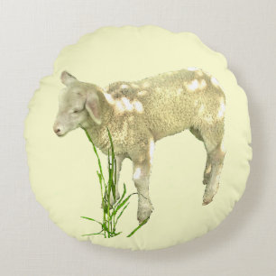 Sweet Baby Lamb on Yellow Round Pillow