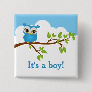 Sweet Baby Owl Boy Baby Shower Button