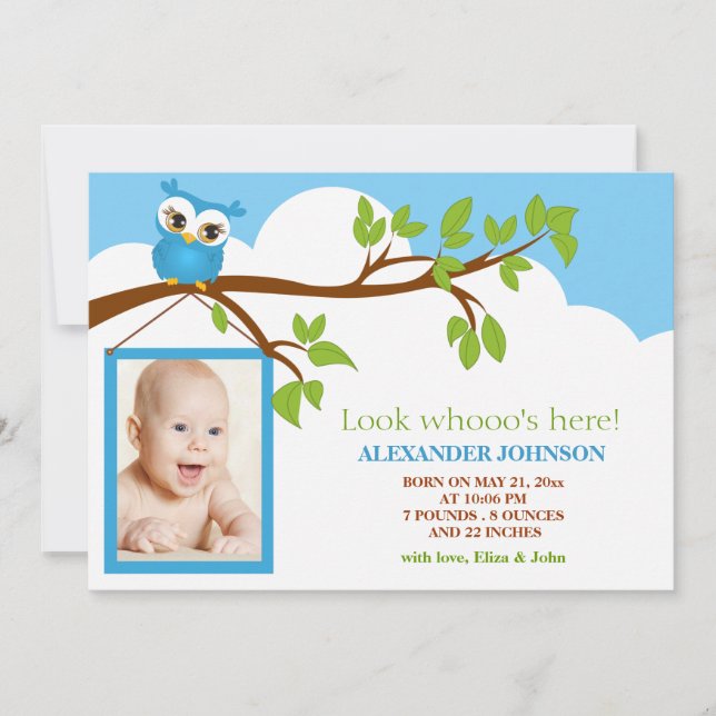 Sweet Baby Owl Boy Photo Birth Announcement (Front)