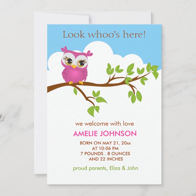 Sweet Baby Owl Girl Birth Announcement Card (Front)