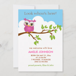 Sweet Baby Owl Girl Birth Announcement Card