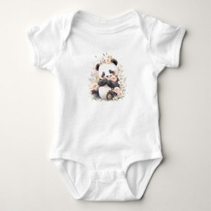 Sweet Baby Panda Bear Cub with Flowers  Bodysuit