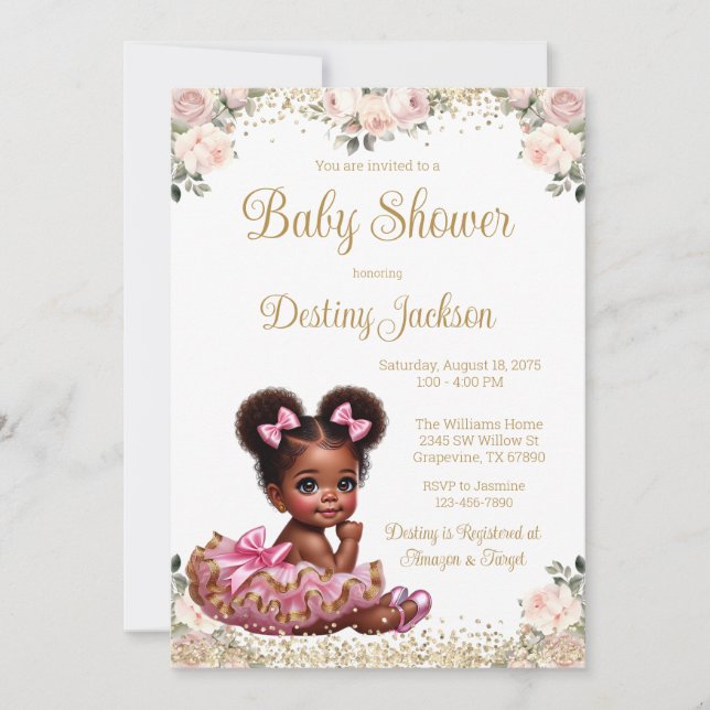 Sweet Baby Pink Tutu Rose Pink Gold Baby Shower Invitation (Front)