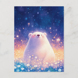 Sweet Baby Polar Bear in Starry Meadow Postcard
