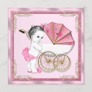 Sweet Baby Pram Pink and Gold Baby Girl Shower Invitation