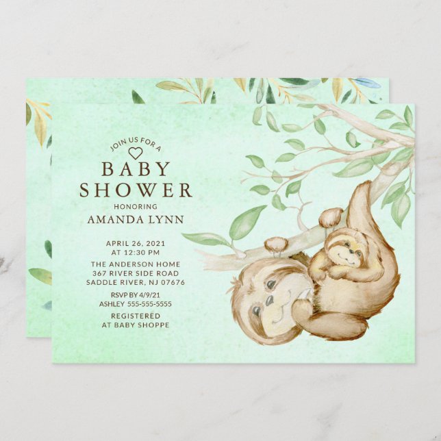 Sweet Baby Sloth Neutral Baby Shower Invitation (Front/Back)