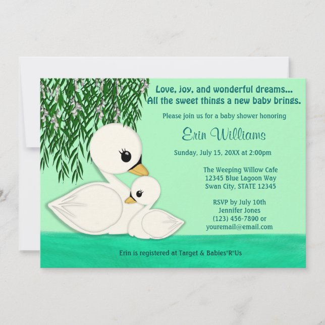 Sweet Baby Swan Baby Shower invitation Mummy Kiss (Front)