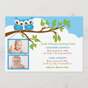 Sweet Baby Twins Owl Boy Photo Birth Announcement