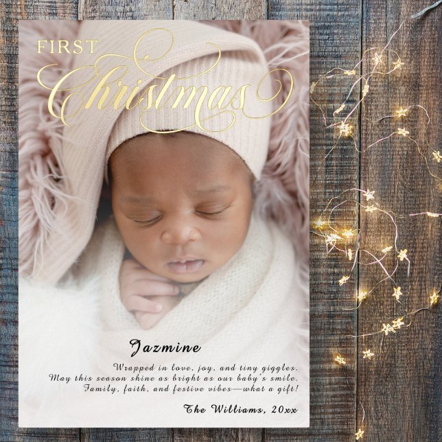 Sweet Baby's First Christmas Photo Script Foil Holiday Card (Creator Uploaded)