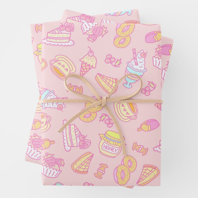 Sweet Bakery and Drinks Peach Wrapping Paper Sheet (In situ)