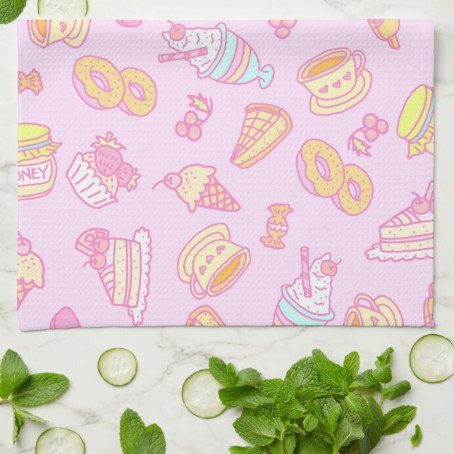Sweet Bakery and Drinks Pink Tea Towel (Folded)