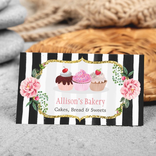 Sweet Bakery Cupcakes Gold Pink Floral Striped Business Card (Creator Uploaded)