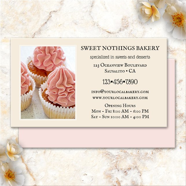 Sweet Bakery Dessert Catering Business Card (Business card featuring pink cupcakes on a cream caramel background - sweet cupcake bakery - dessert)