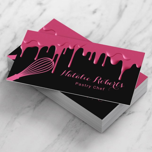 Sweet Bakery Girly Black & Pink Drips Pastry Chef Business Card (Creator Uploaded)