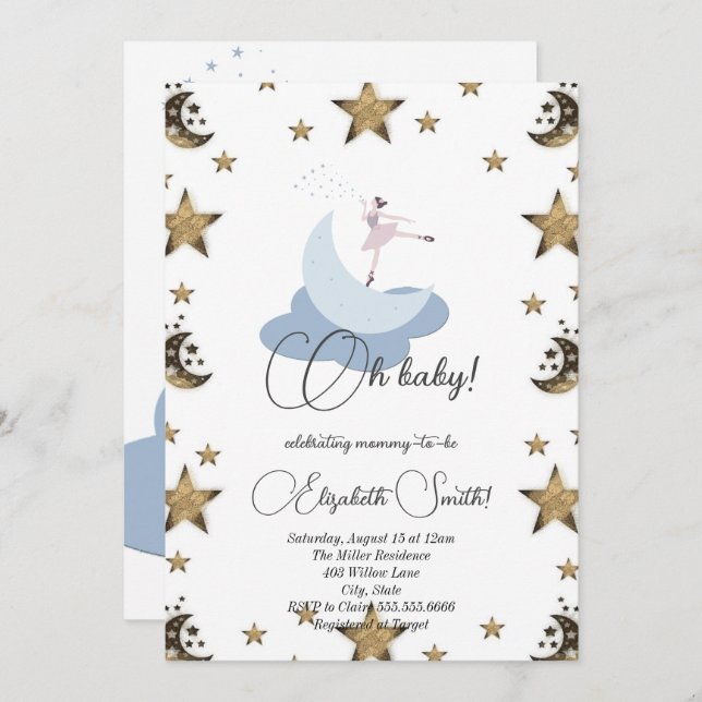 Sweet ballerina moon, baby shower invitation (Front/Back)