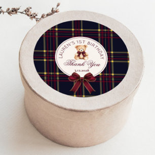 Sweet Bear 1st Birthday Vintage Teddy Bear Plaid Classic Round Sticker