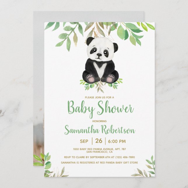 Sweet Bear Greenery Gold Neutral Baby Shower Photo Invitation (Front/Back)