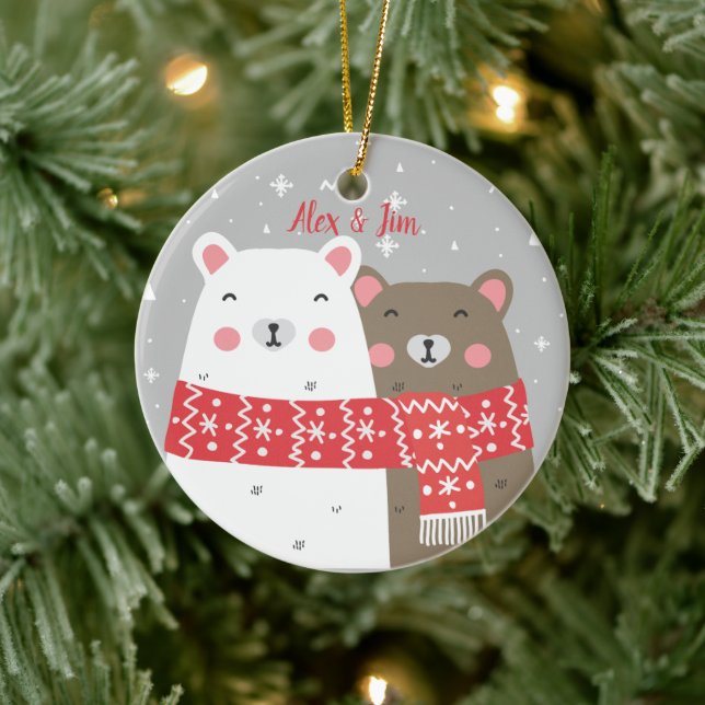 Sweet Bear Name Winter First Christmas Married Ceramic Ornament (Tree)