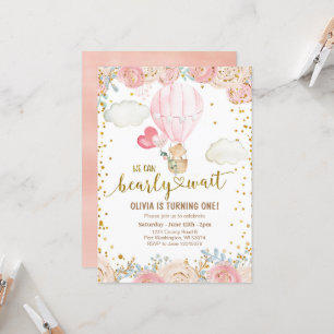  Sweet Bear Pink Balloons Birthday Invitation