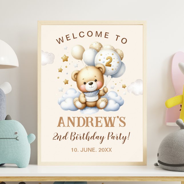 Sweet Bear Theme Second Birthday Boy Party Poster (Creator Uploaded)