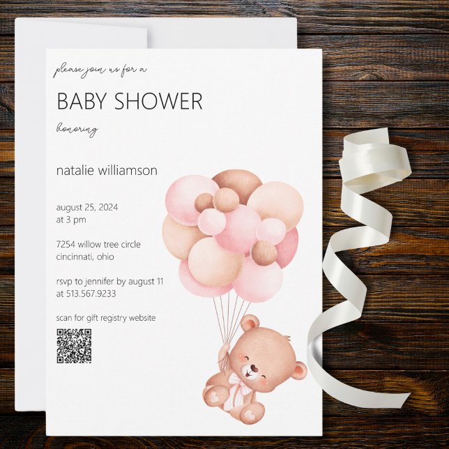 Sweet Bear with Balloons Baby Shower QR Code  Invitation (Also available without QR code. )