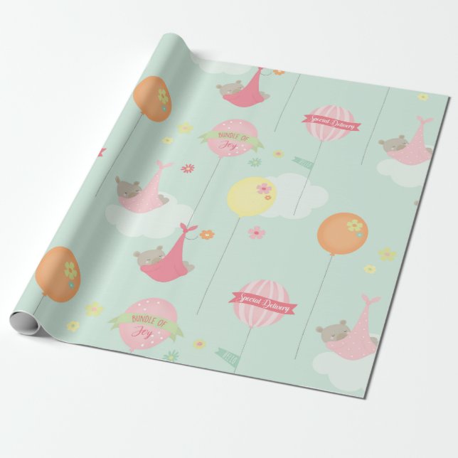 Sweet Bears Balloons Baby Girl Wrapping Paper (Unrolled)