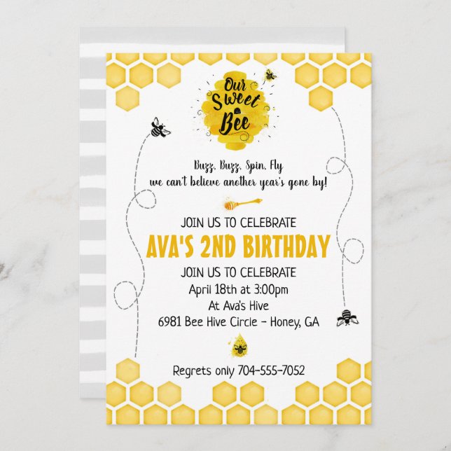 Sweet Bee Birthday Invitation (Front/Back)