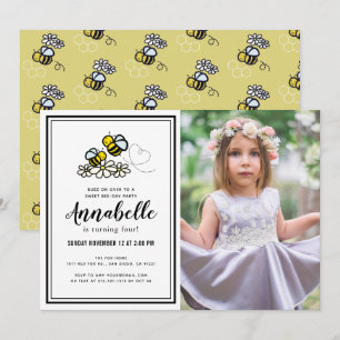 Sweet Bee Day Party Cute Floral Photo Birthday Invitation