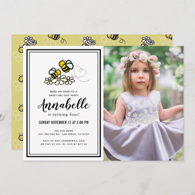 Sweet Bee Day Party Cute Floral Photo Birthday Invitation (Front/Back)