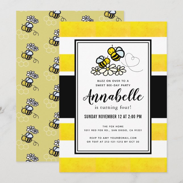 Sweet Bee Day Party Cute Yellow Birthday Invitation (Front/Back)