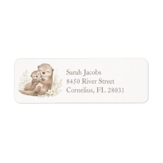 Sweet Beige Watercolor Otter Family Botanical Return Address Label