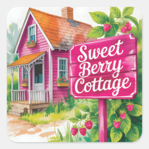 "Sweet Berry Cottage" Raspberry Farmhouse Square Sticker