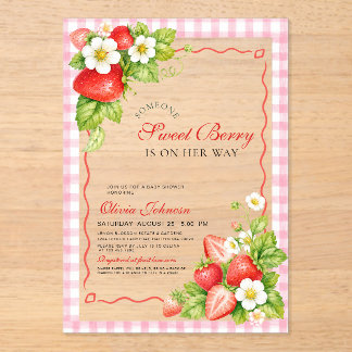 Sweet Berry Pink Gingham Acrylic Baby Shower Invitations