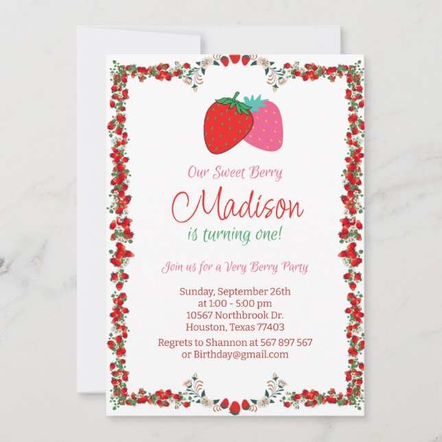 Sweet Berry Strawberry First Birthday Invitation  (Front)