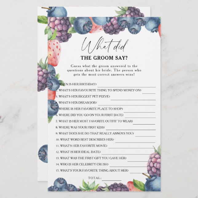 Sweet berry - What did the groom say bridal game (Front/Back)