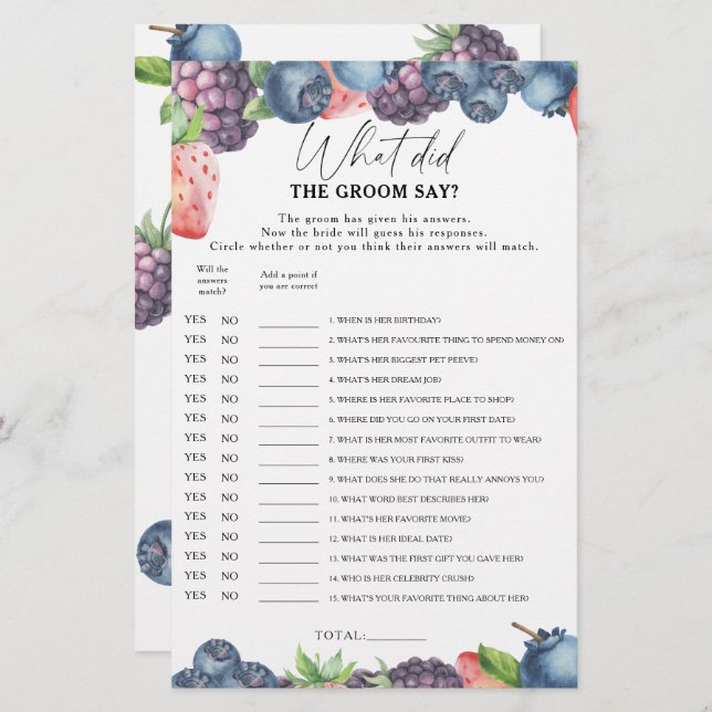 Sweet berry - What did the groom say bridal game (Front/Back)