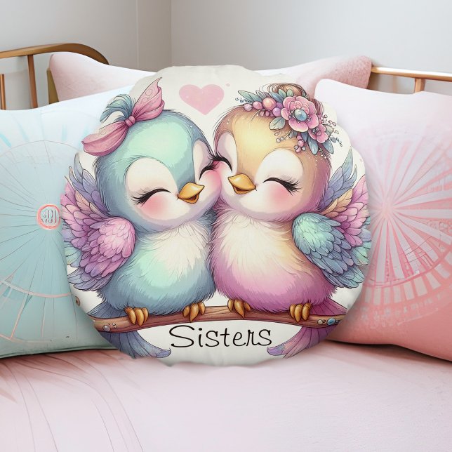 Sweet Bird Sisters Adorable Girly Pink Pastel Love Round Cushion (Cute sister love birds personalized pillow pastel pink blue purple little girls shared bedroom decor)