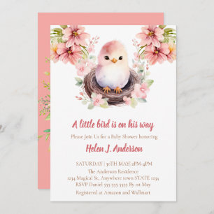 Sweet Bird Watercolor Pink Flower Baby Shower Invitation