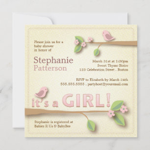 Sweet Birdie It's a Girl Baby Shower Invitation