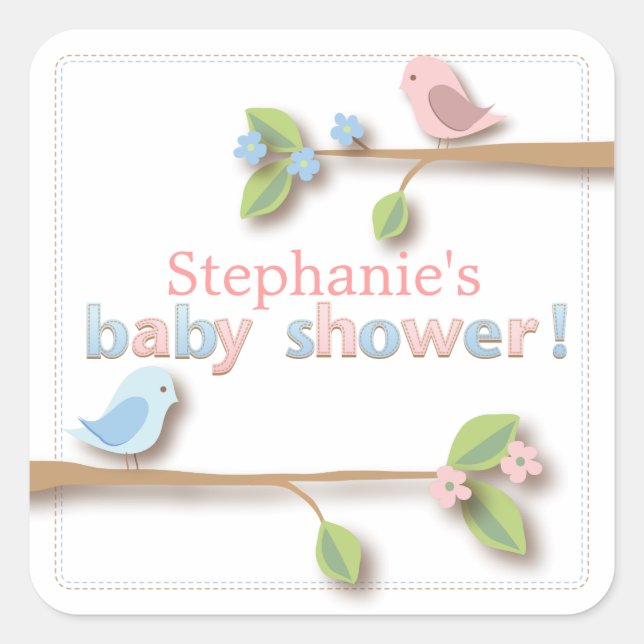Sweet Birdie Pink & Blue Baby Shower Sticker (Front)