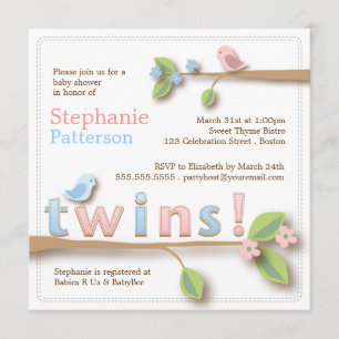 Sweet Birdie Twin Boy Girl Baby Shower Invitation