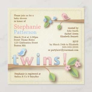 Sweet Birdie Twin Boy Girl Baby Shower Invitation