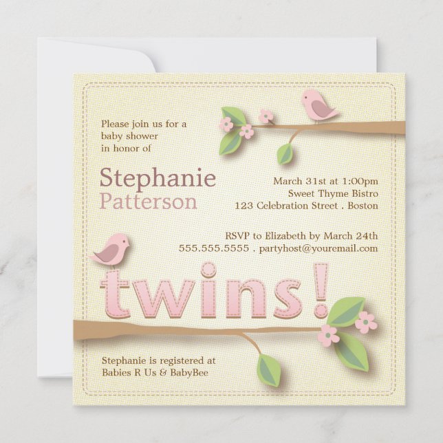 Sweet Birdie Twin Girls Baby Shower Invitation (Front)