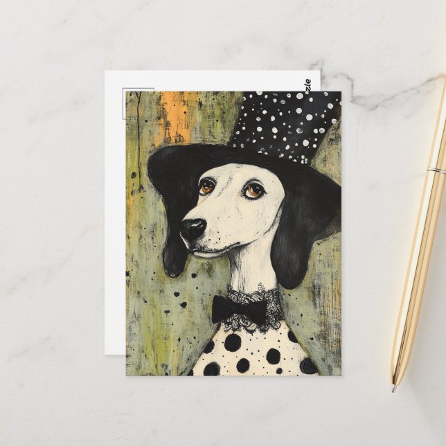 Sweet Black and White Polka Dot Dog in Tophat Postcard (Front/Back In Situ)