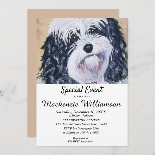 SWEET BLACK AND WHITE PUPPY WISHES HAPPY BIRTHDAY INVITATION (Front/Back)